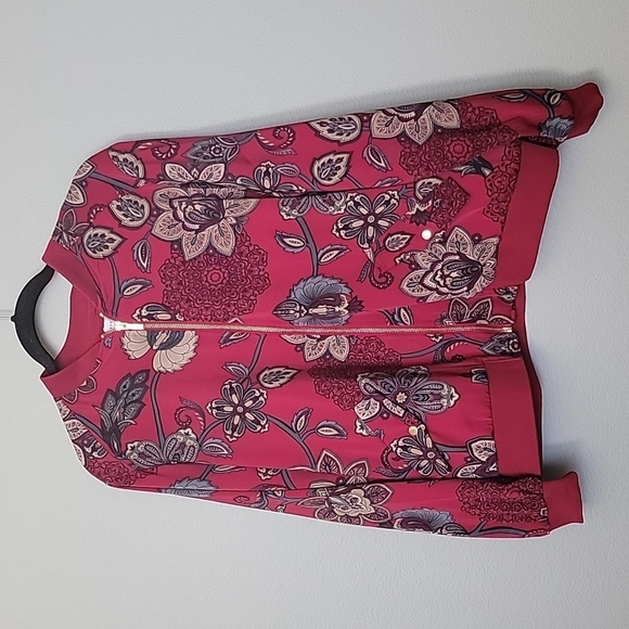 Susan Graver Tomato Girl Boho large red paisley floral bomber jacket - Picture 2 of 10